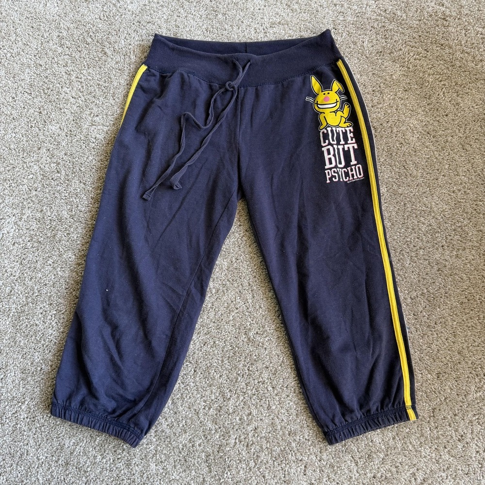 Y2K Happy Bunny Sweatpants Juniors M 7/9 Blue Yellow Cute But Psycho Graphic